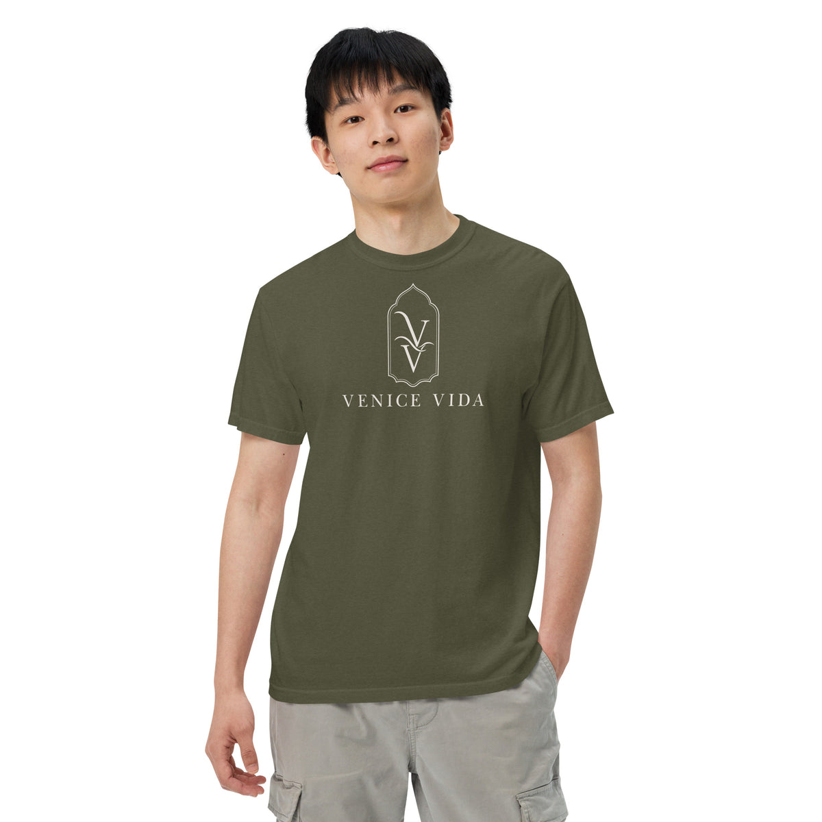 Banyan Statement Tee on model, Venice Vida Comfort Colors coastal tee
