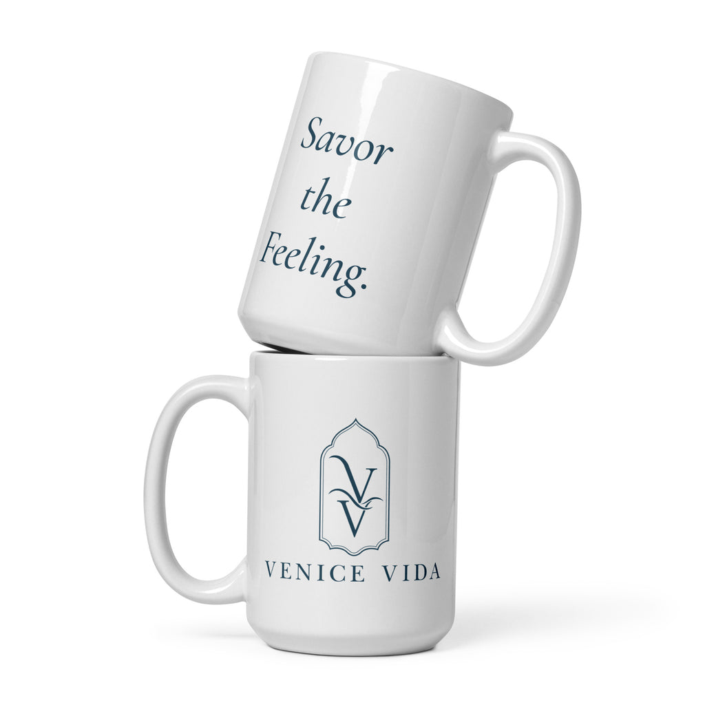 Signature Morning Mug close-up, Venice Vida coastal coffee mug detail