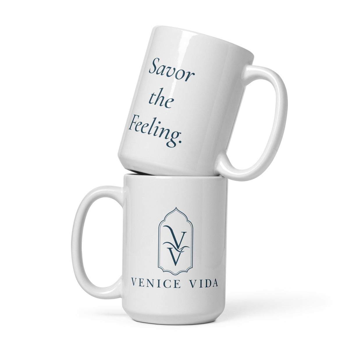 Signature Morning Mug close-up, Venice Vida coastal coffee mug detail